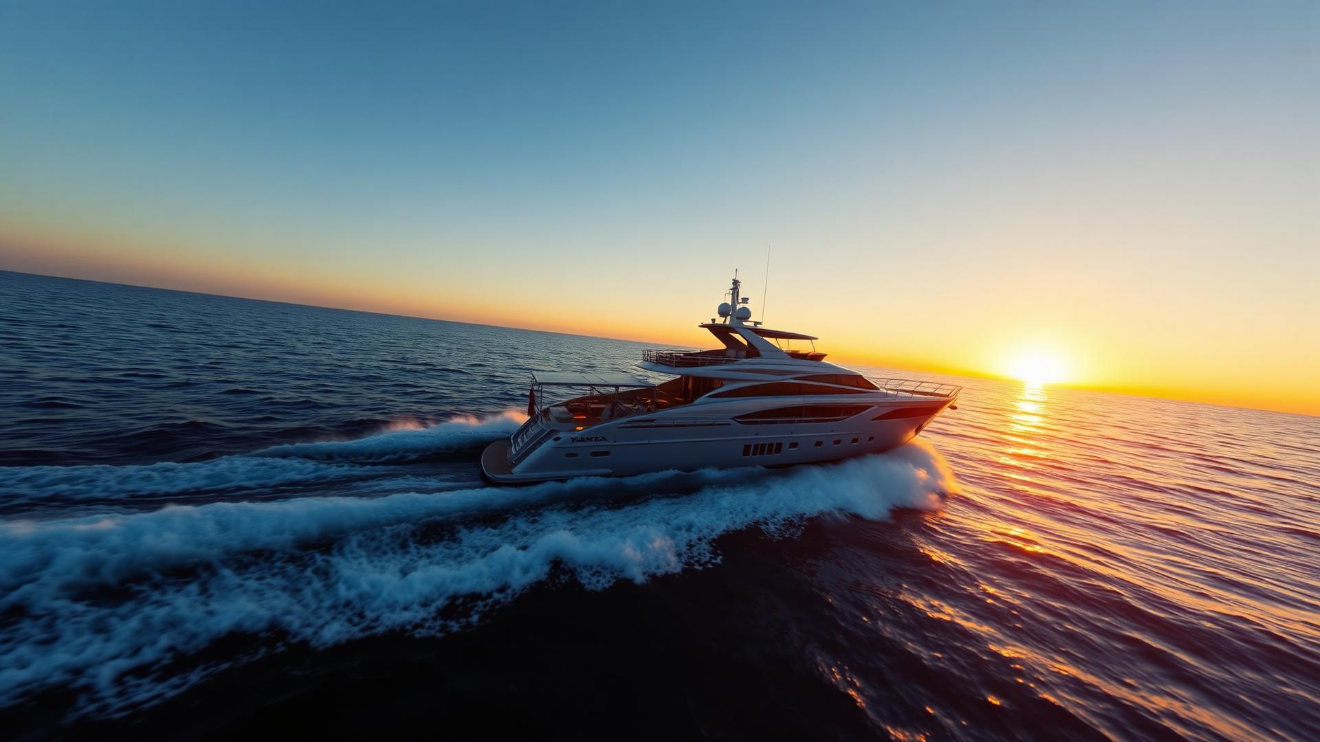 Luxury motor yacht cruising at sunrise
